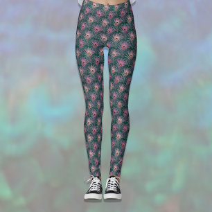 Rosa påfågelfjädrar vacker mönster på djupgrönt leggings