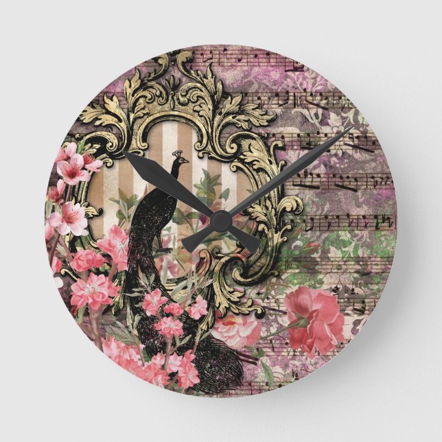 Rosa påfåglar Påfågel Fransk Akryl Väggklocka (Framsida)