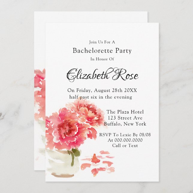 Rosa Paíes Peonies Bachelorette Party Inbjudningar (Fram/baksida)