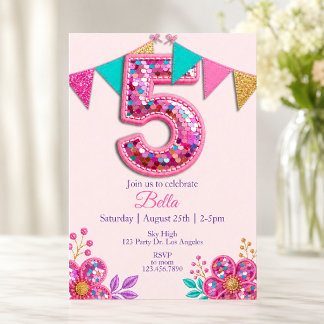 Rosa Paillett Nummer 5 Glänsande Flickas 5-årsdag Inbjudningar