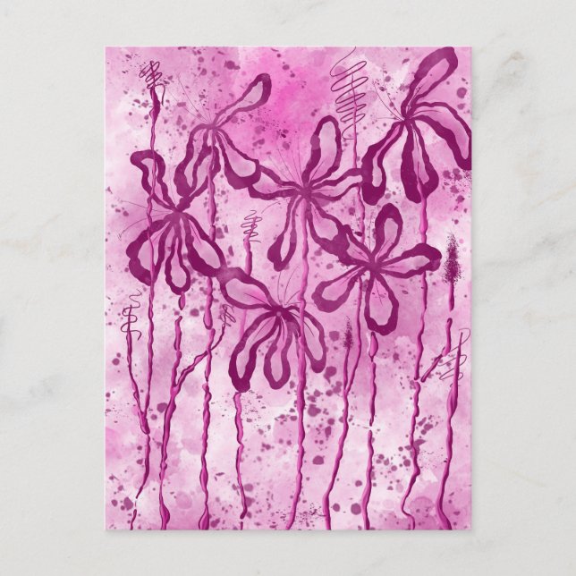 Rosa Paint Splatter & Lilies Vykort (Framsida)