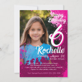Rosa Paint Splatter Photo 6e Birthday Inbjudan