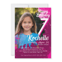 Rosa Paint Splatter Photo 7:e Birthday Inbjudan