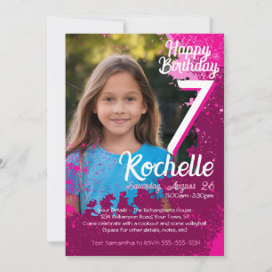 Rosa Paint Splatter Photo 7:e Birthday Inbjudan