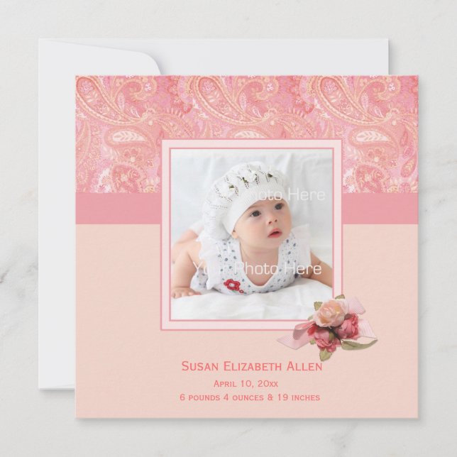 Rosa Paisley Baby Photo annons Meddelande (Framsida)