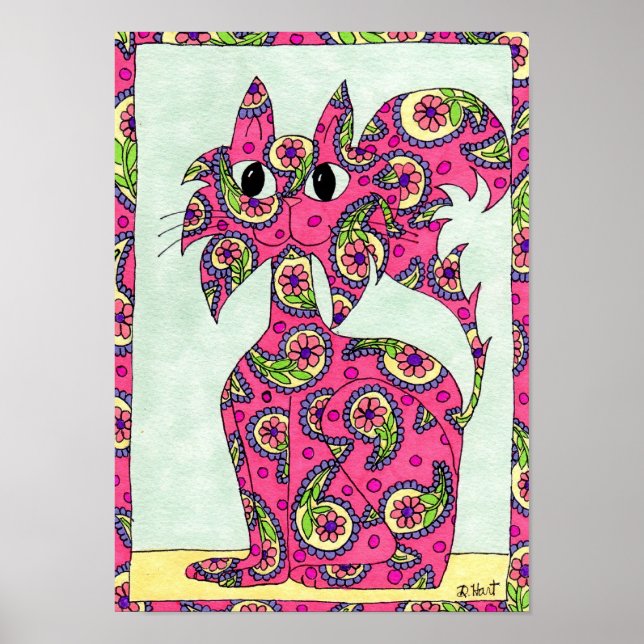 Rosa Paisley Cat Folk Art Poster (Framsidan)