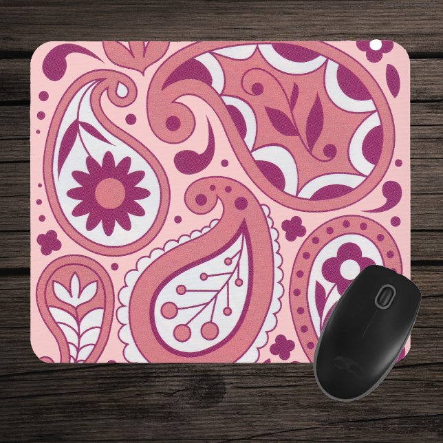 Rosa Paisley Flower Mousepad Musmatta (Pretty ornate paisley pattern with teardrops daisies in shades of pink and white on mousepad.)