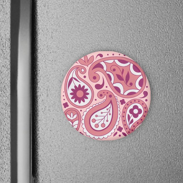 Rosa Paisley Magnet (Pretty pink paisley design lace flowers on abstract round magnet.)