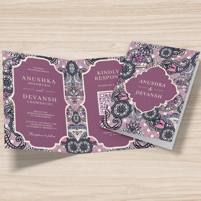 Rosa Paisley Mönster QR-kod Indiska Bröllop Inbjudan (Skapare uppladdad)