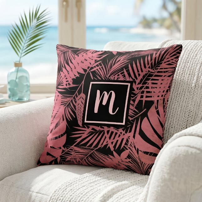 Rosa palmbladsmönster monogram modernt skrivstil  kudde (Skapare uppladdad)