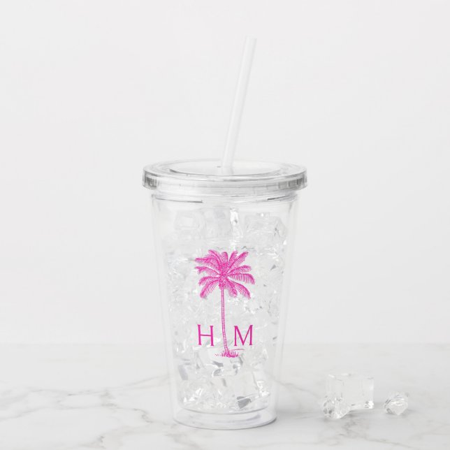 Rosa Palmetto Handflatan Träd Monogram Take Away Mugg (Baksida Ice)