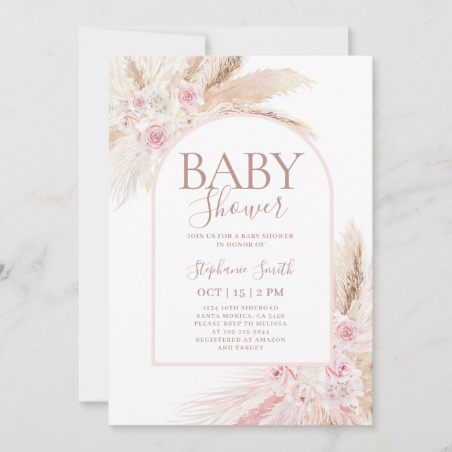 Rosa Pampas Arch Baby Shower Girl-inbjudan Inbjudningar (Framsida)