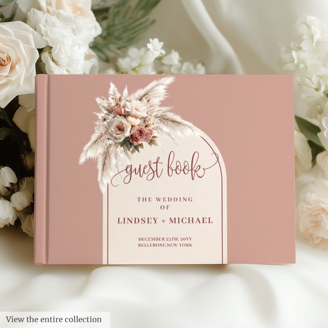 Rosa Pampas Arch Ro Bröllop Gästböcker (Sophisticated Dusty Pink Pampas Arch Roses Wedding Guest Book)