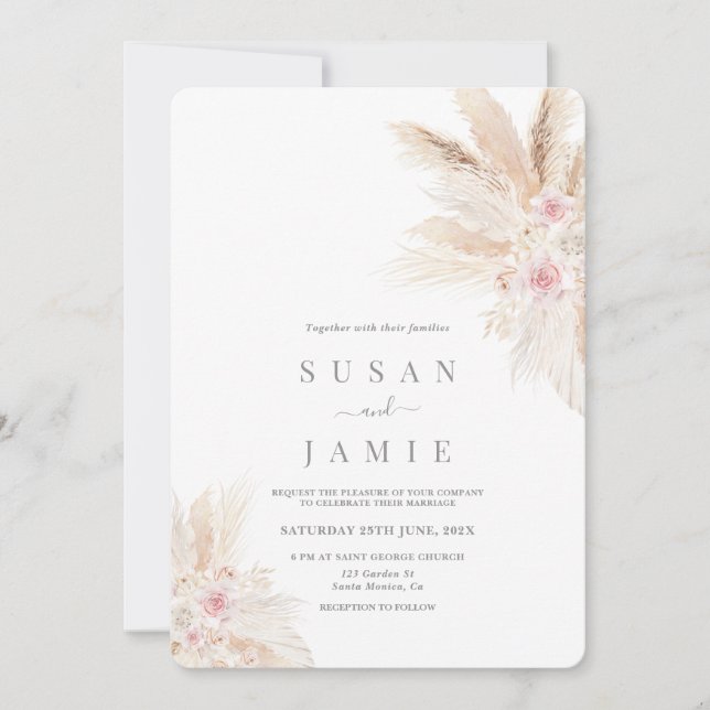  Rosa Pampas Boho Wedding-inbjudan Inbjudningar (Framsida)