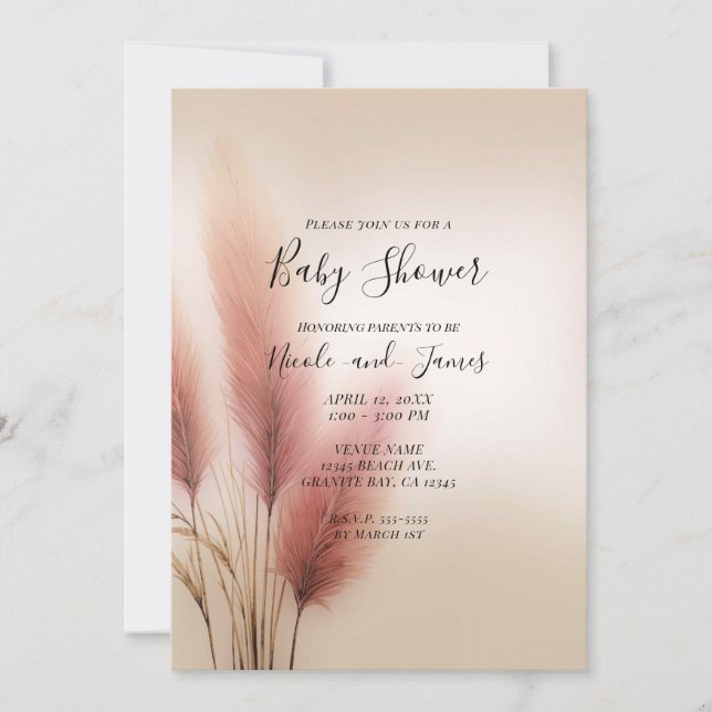 Rosa Pampas Grass Bohemian Boho Baby Shower Inbjudningar (Framsida)