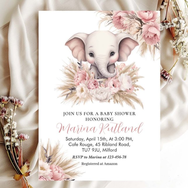 Rosa Pampas Grass Boho Elephant Girl Baby Shower Inbjudningar (Skapare uppladdad)