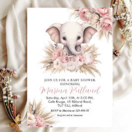 Rosa Pampas Grass Boho Elephant Girl Baby Shower Inbjudningar
