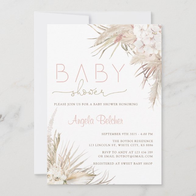 Rosa Pampas Grass Boho Hej Baby Shower Inbjudningar (Framsida)