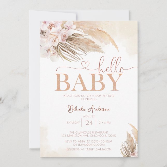 Rosa Pampas Grass Boho Hej Flicka Baby Shower Inbjudningar (Framsida)