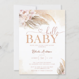 Rosa Pampas Grass Boho Hej Flicka Baby Shower Inbjudningar