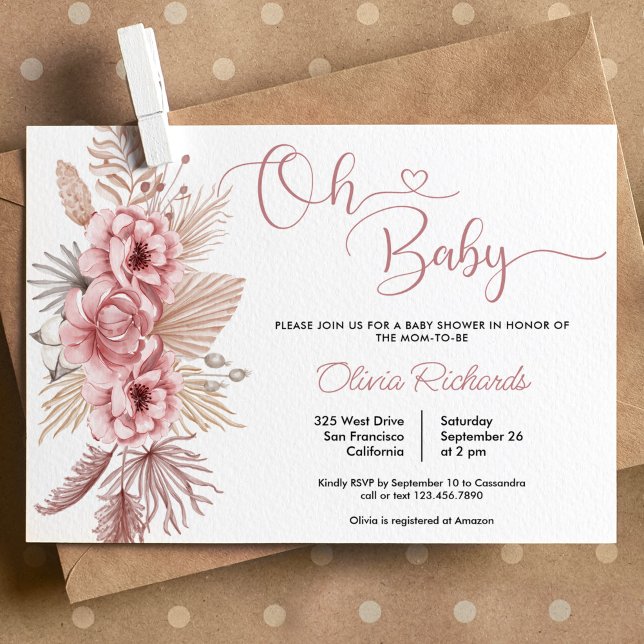 Rosa Pampas Grass Boho Oh Baby Shower Inbjudningar (Skapare uppladdad)