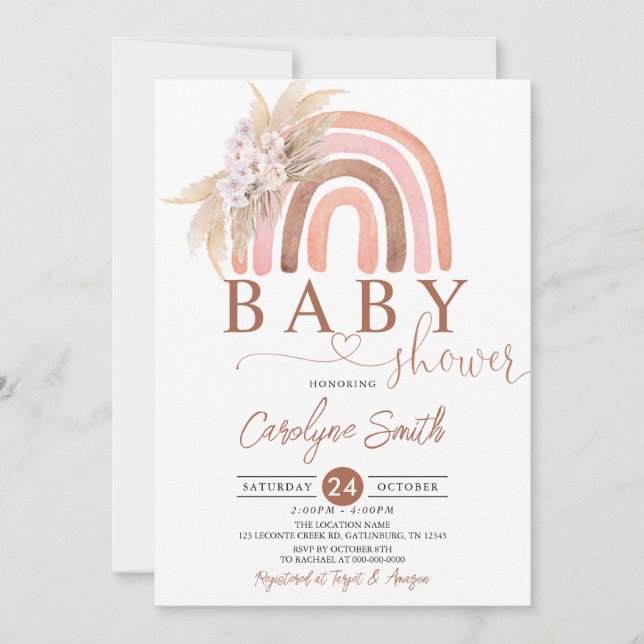 Rosa Pampas Grass Boho Rainbow Baby Shower Inbjudningar (Framsida)