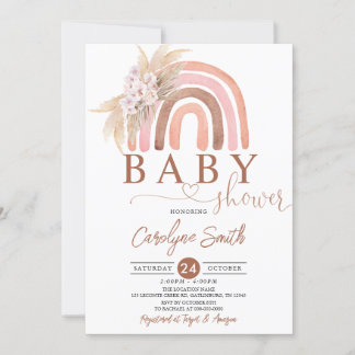 Rosa Pampas Grass Boho Rainbow Baby Shower Inbjudningar