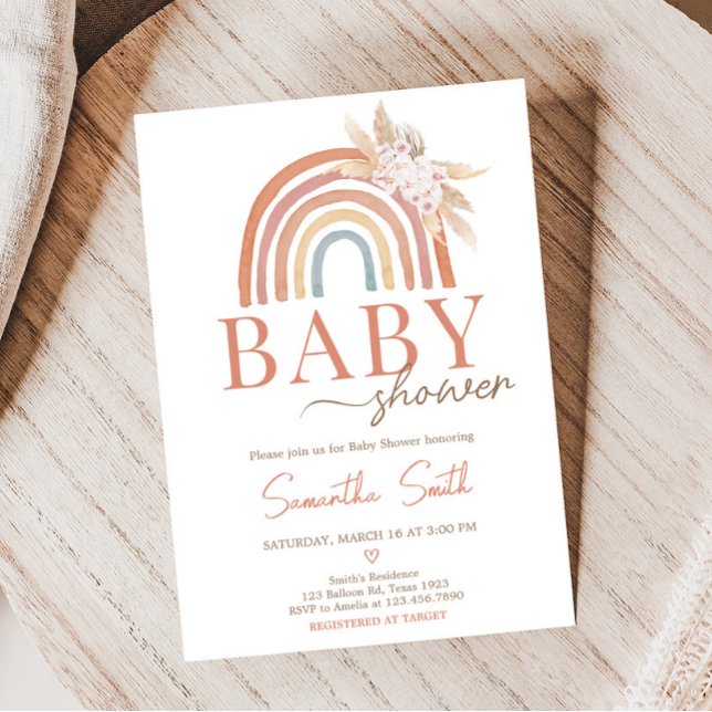 Rosa Pampas Grass Boho Rainbow Baby Shower Inbjudningar (Girl Boho Rainbow Baby Shower Invitation)