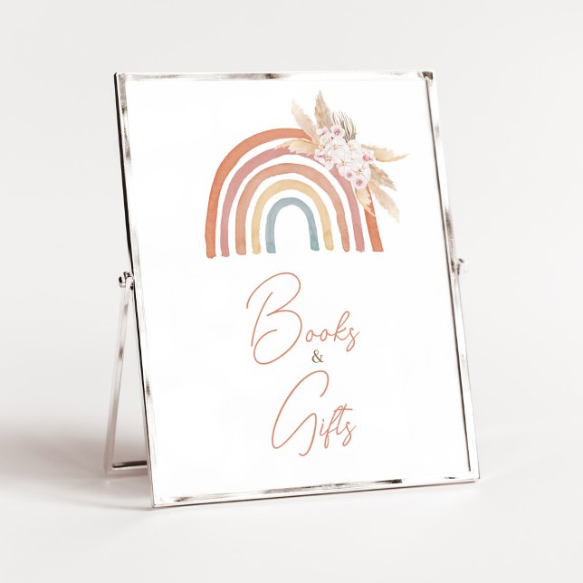 Rosa Pampas Grass Boho Rainbow Bokar och presenter Poster (Girl Boho Rainbow Baby Shower Books and Gifts Sign)
