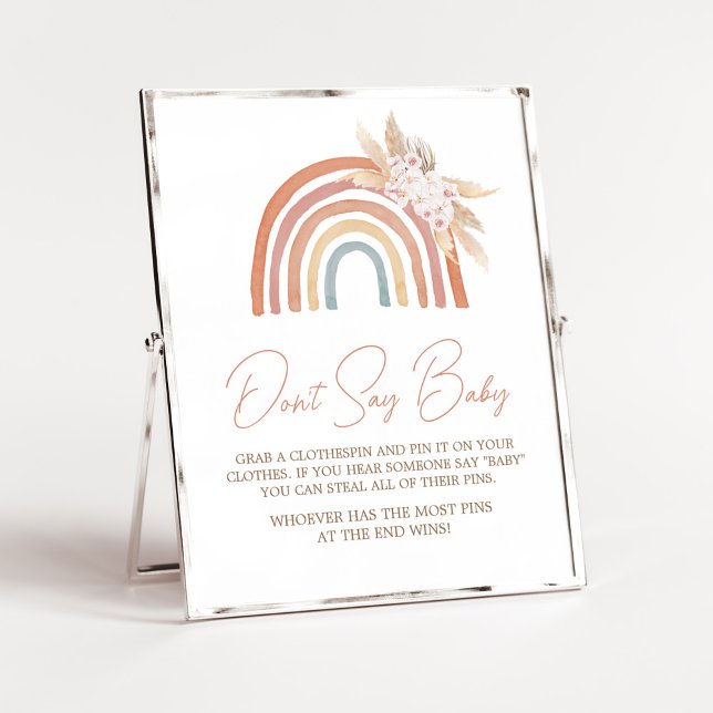 Rosa Pampas Grass Boho Rainbow Säg inte Baby Poster (Girl Boho Rainbow Baby Shower Don't Say Baby Sign)