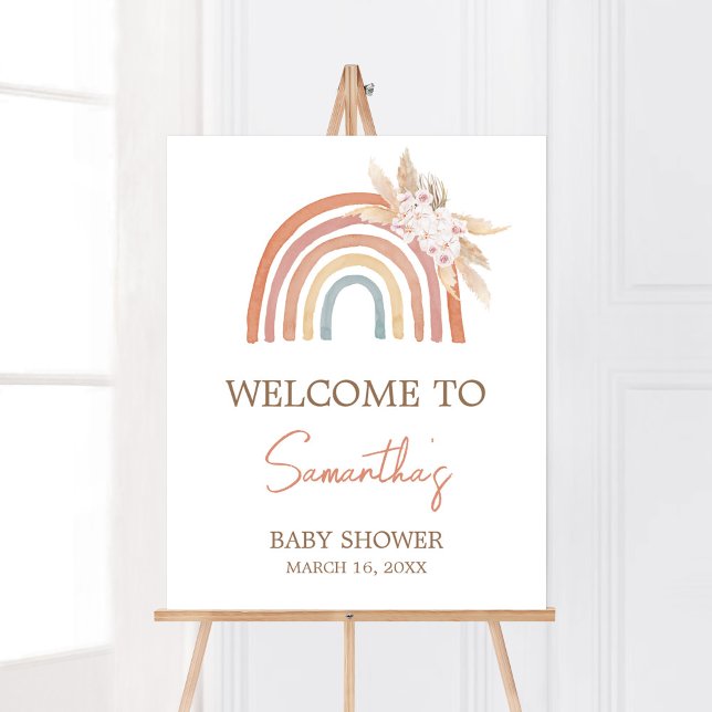Rosa Pampas Grass Boho Rainbow Välkommen Poster (Girl Boho Rainbow Baby Shower Welcome Sign)