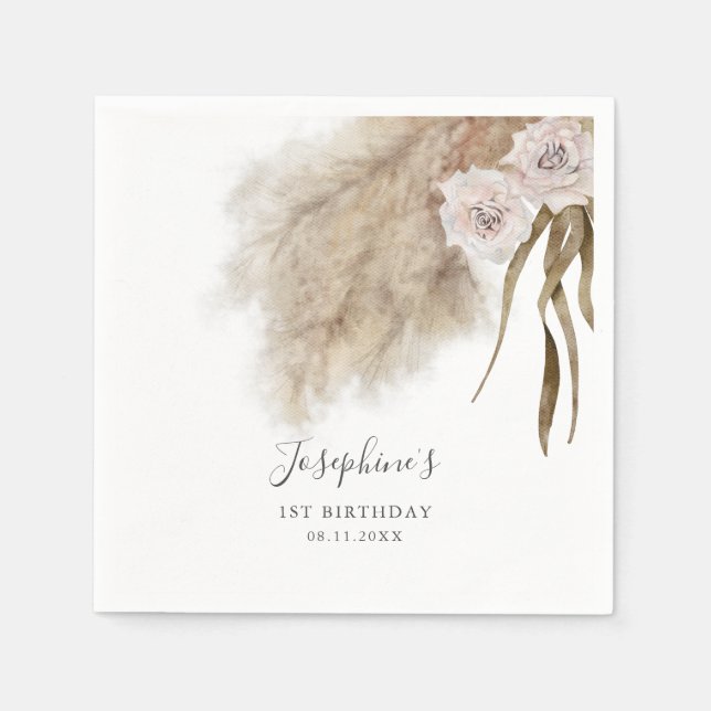 Rosa Pampas Grass Födelsedagsfest Napkins Pappersservett (Framsidan)