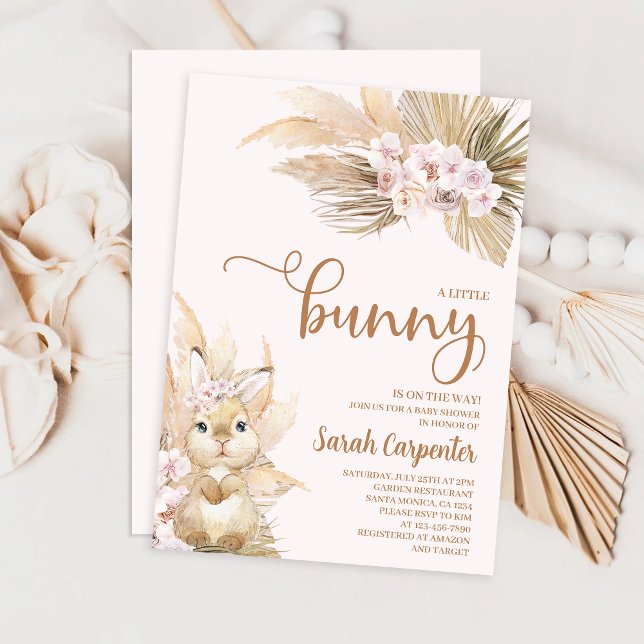 Rosa Pampas Grass Girl Bunny Baby Shower Inbjudningar (Skapare uppladdad)