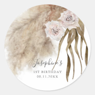 Rosa Pampas Grass Girl Födelsedagsfest Runt Klistermärke