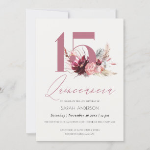 Rosa Pampas Grass Quinceanera 15:e födelsedagen In Tack Kort