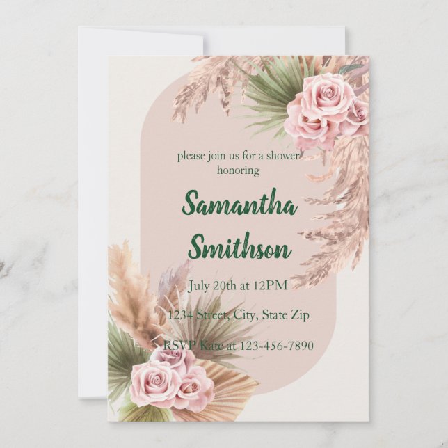 Rosa Pampas och Blommor Inbjudningar (Framsida)