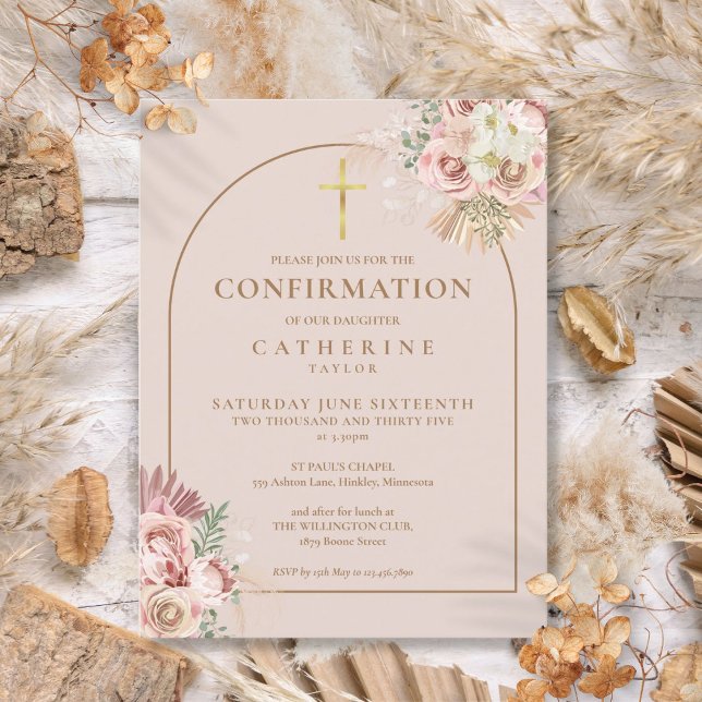 Rosa Pampasgräs Blommig Guld Arch Konfirmation Inbjudan Vykort (Pink Pampas Grass Floral Gold Arch Confirmation Invitation Postcard)