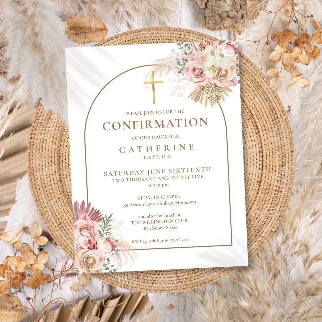 Rosa Pampasgräs Blommig Guld Arch Konfirmation Inbjudan Vykort (Pink Pampas Grass Floral Gold Arch Confirmation Invitation Postcard)