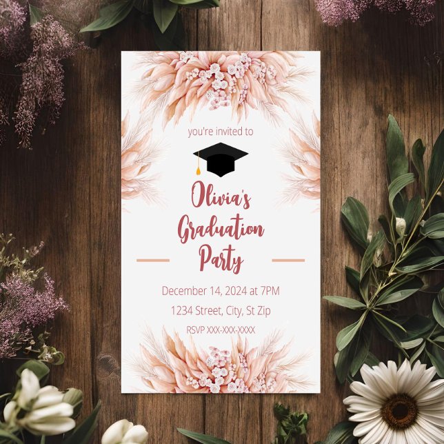 Rosa Pampasgräs Boho Examen Invitation Inbjudningar (Skapare uppladdad)