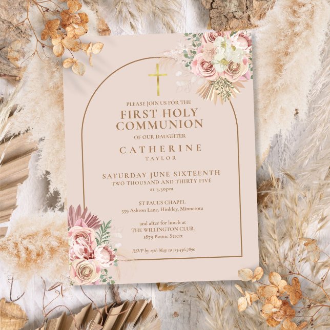 Rosa Pampasgräs Guld Båge Första Nattvarden  Inbjudan Vykort (Pink Pampas Grass Gold Arch First Holy Communion Invitation Postcard)