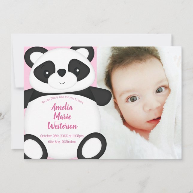 Rosa Panda Bear Baby Birth Notice Inbjudningar (Framsida)