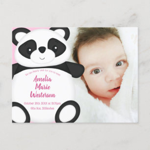 Rosa Panda Bear Baby Birth Notice Vykort