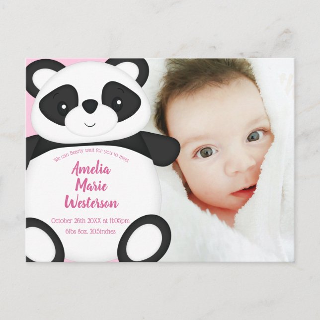 Rosa Panda Bear Baby Birth Notice Vykort (Framsida)