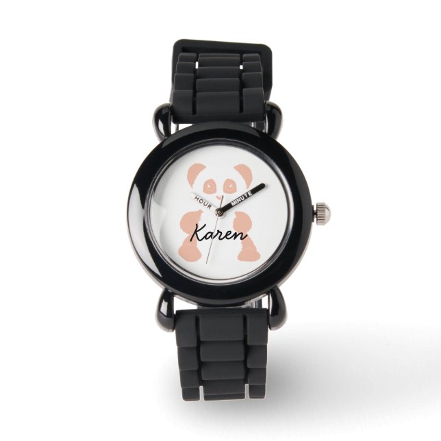 Rosa panda minimalistbarn tittar på med namn armbandsur (Framsida)