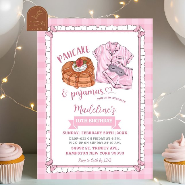 Rosa pannkaka och pyjamas födelsedagsfest inbjudningar (Skapare uppladdad)