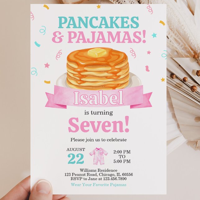 Rosa pannkakor och pyjamas födelsedagsfest inbjudningar (Skapare uppladdad)