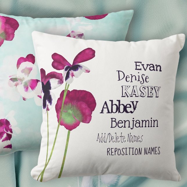 Rosa Pansies Grandmor, Grandchildren's Namn Kudde (mothers day mom grandma grandmother throw pillow children kids names pink turquoise floral flowers)