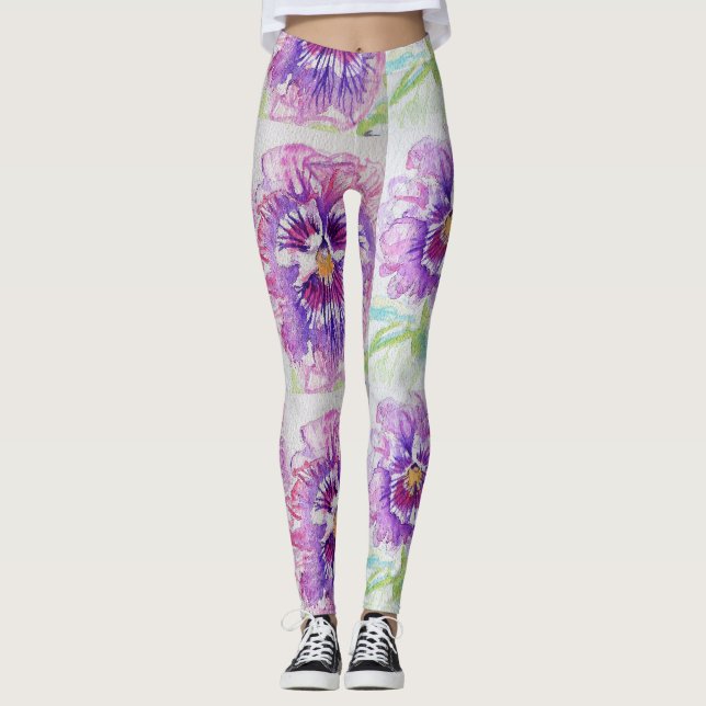 Rosa Pansy Blommigt Watercolor Leggings (Framsida)