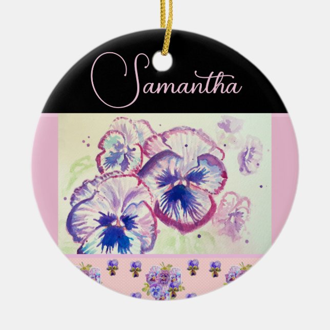 Rosa Pansy Pansies Watercolor Flower Blommigt art Julgransprydnad Keramik (Framsidan)