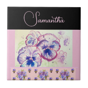 Rosa Pansy Pansies Watercolor Flower Blommigt art Kakelplatta